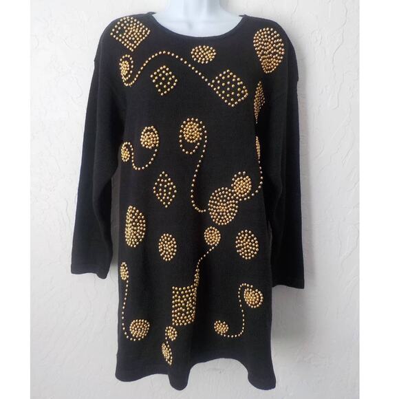 Sarah Morgan Black Knit Tunic Sweater Dress Size Large Gold Embellished Ramie - Picture 2 of 10